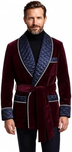 Men's Silky Satin Smoking Jacket (Small, Black Brocade Design) at